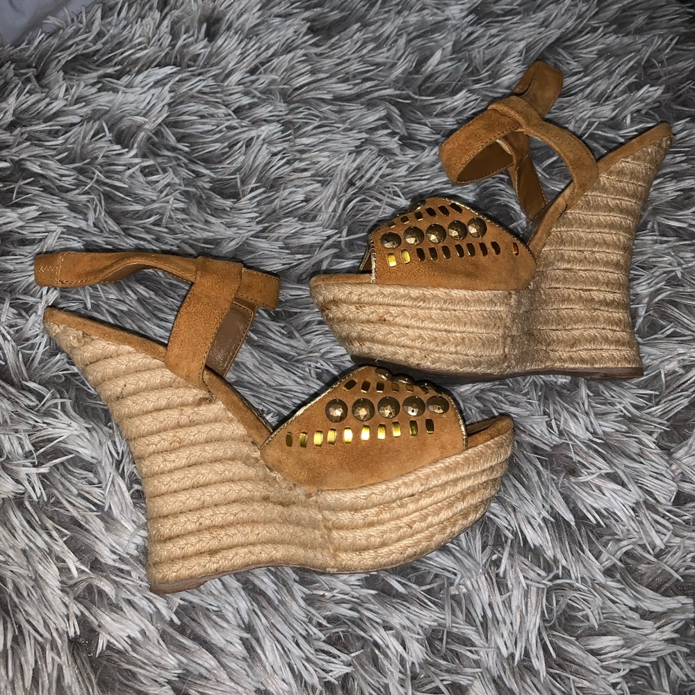 bebe Tan and Gold Wedges